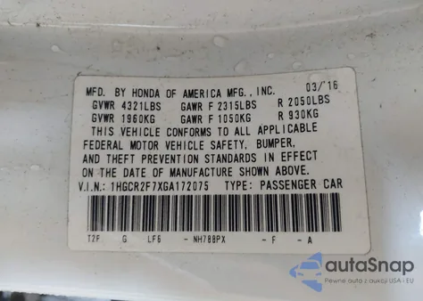 2016 Honda Accord Ex from USA, damaged, VIN 1HGCR2F7XGA172075